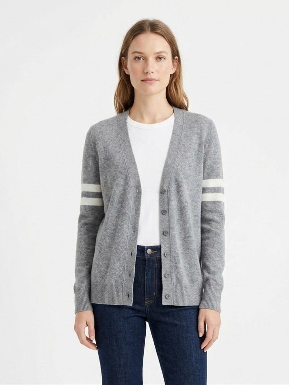 J. Crew Gray Varsity Striped Sleeve V-Neck Cardigan Sweater Merino Wool Blend S